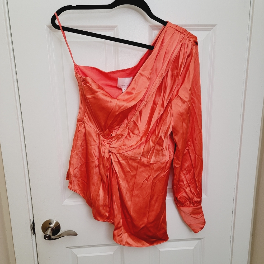 Cinq à Sept Stace one shoulder padded silk blouse in Neon Coral - Picture 2 of 10